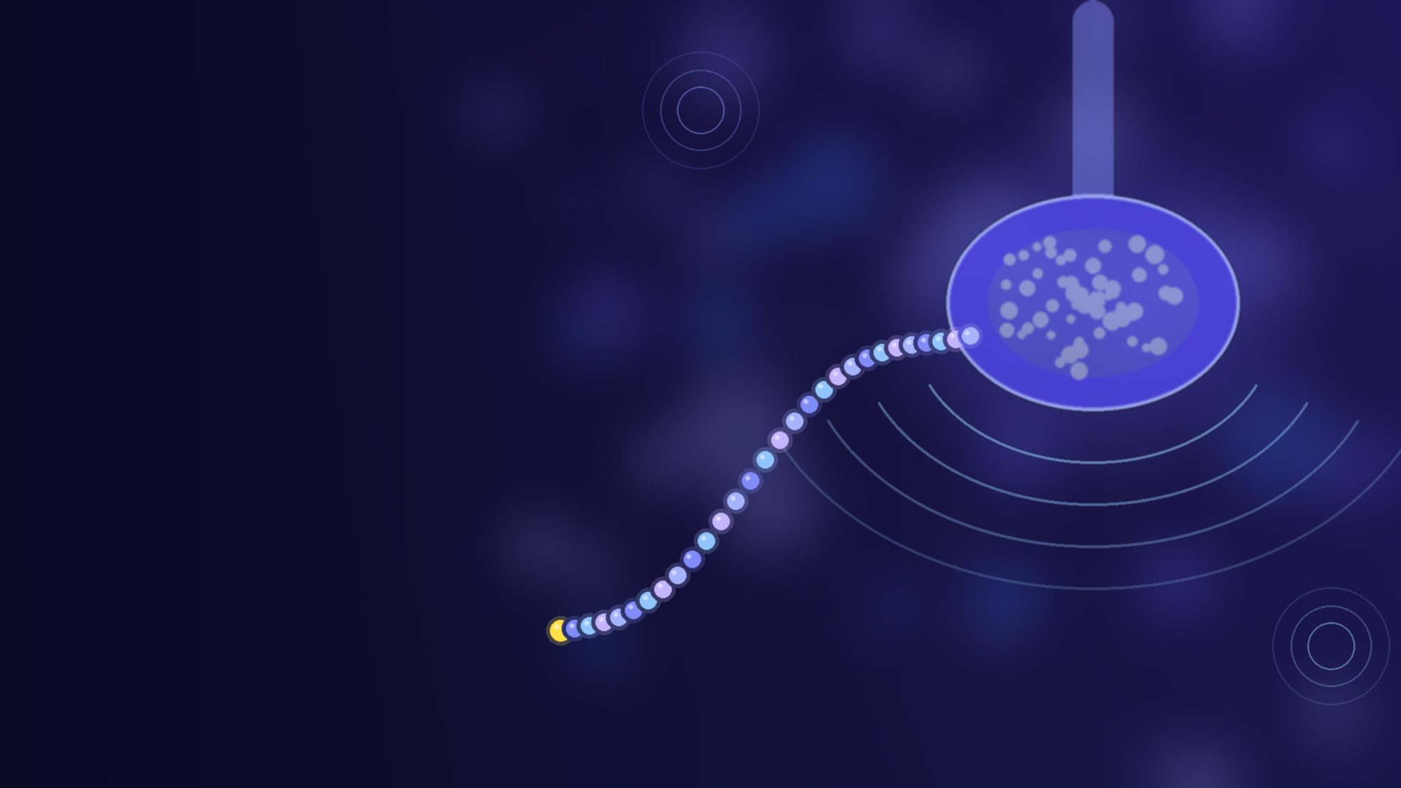 Blue illustration of a chain of 29 beads curving towards a glowing gland that sends out pulses